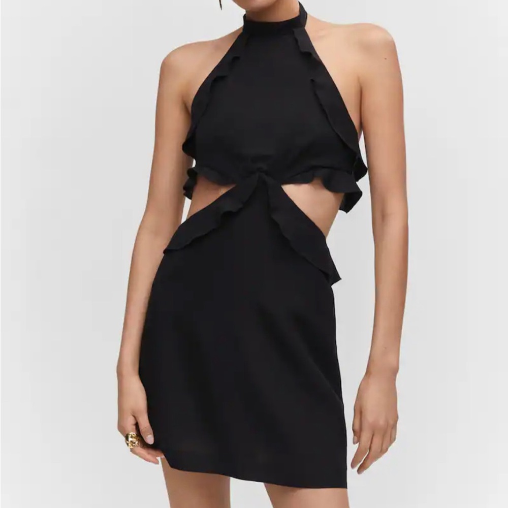 MANGO Black Cut-out linen-blend dress. Medium.